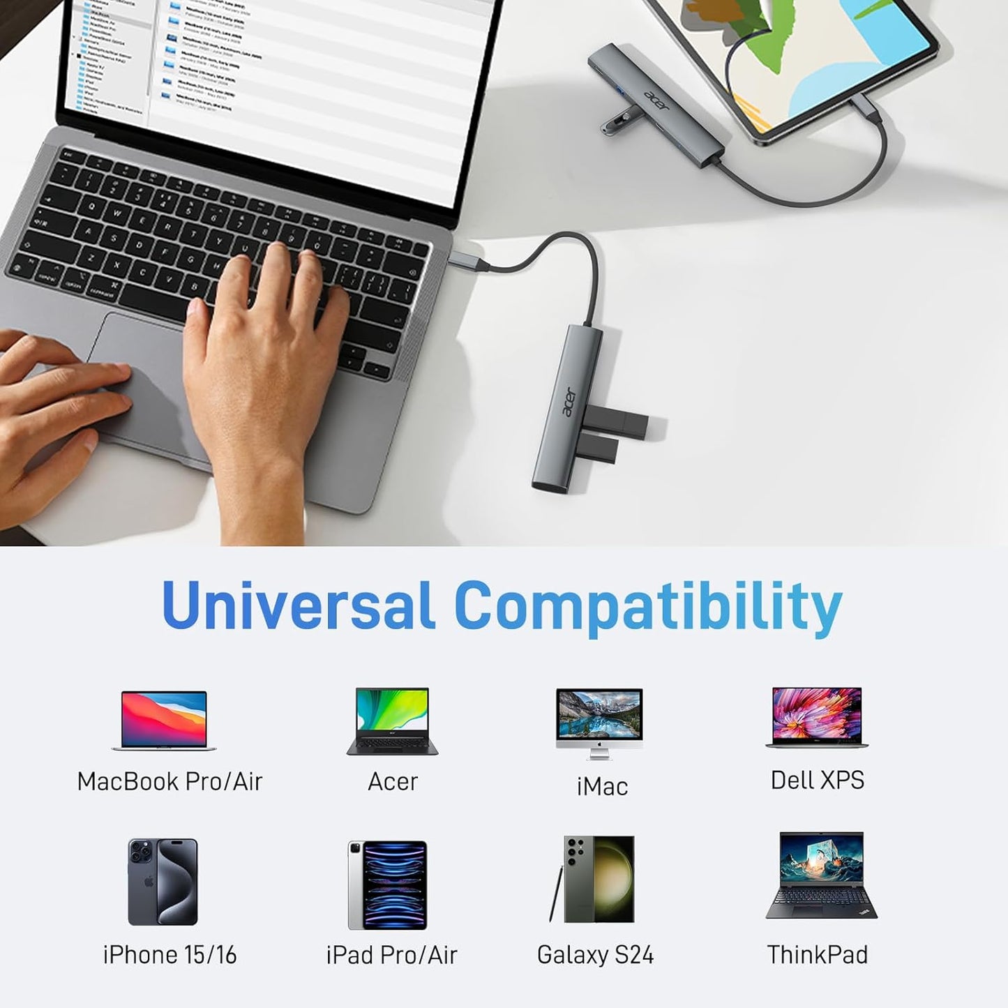HUB adaptor 5 in 1, cu USB C PD 100W, HDMI, 2 porturi USB 2.0, 1 port USB 3.0, carcasa din aluminiu, portabil, compatibil cu Laptop Acer, Chromebook, Surface, Galaxybook, MacBook Pro/Air, iPad Pro/Air