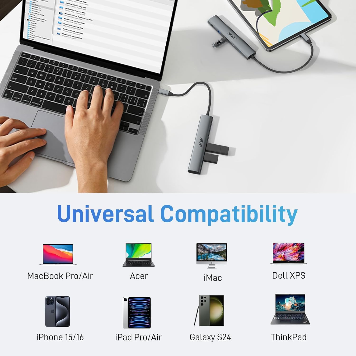 HUB adaptor 5 in 1, cu USB C PD 100W, HDMI, 2 porturi USB 2.0, 1 port USB 3.0, carcasa din aluminiu, portabil, compatibil cu Laptop Acer, Chromebook, Surface, Galaxybook, MacBook Pro/Air, iPad Pro/Air