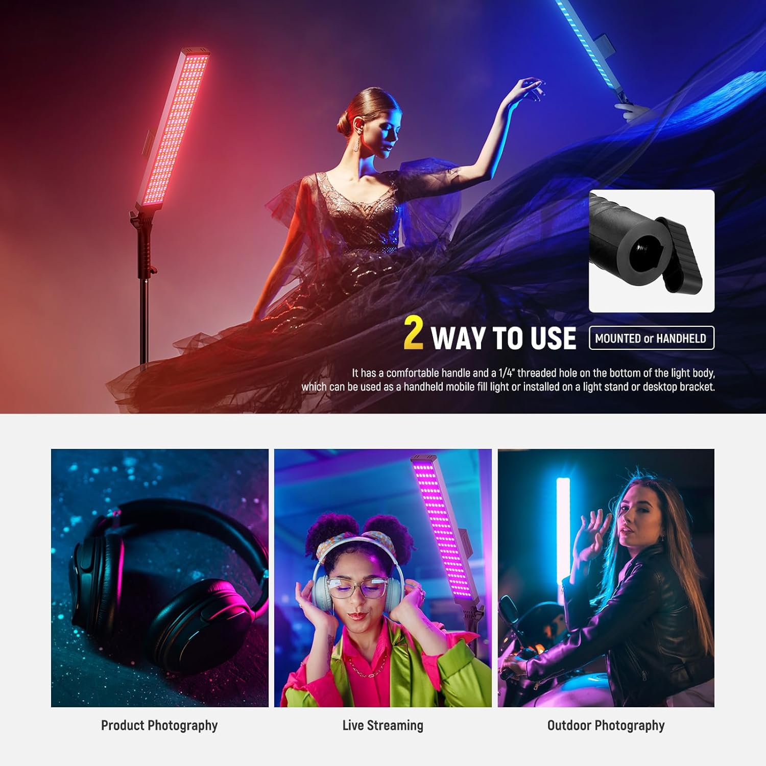 Kit lumina continua, 2 lumini studio LED RGB, lampa video CRI95+, 3250lux, dimabile 2500-10000K, control prin aplicatie, filtre difuzie, display LCD, alimentare duala, cu 2 buc trepied reglabil si geanta de depozitare si transport