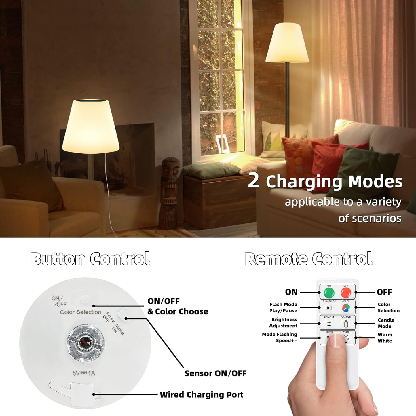 Lampa de podea solara LED RGB, inaltime reglabila, impermeabila IP44, cu telecomanda, incarcare duala USB si panou solar, cu baza metalica, pentru interior/exterior