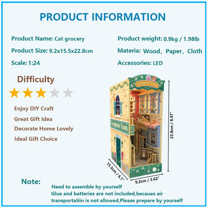 Puzzle 3D, Book Nook DIY cu lumina LED, cotor de carte din lemn, accesotiu decorativ suport carti straduta cu pisici