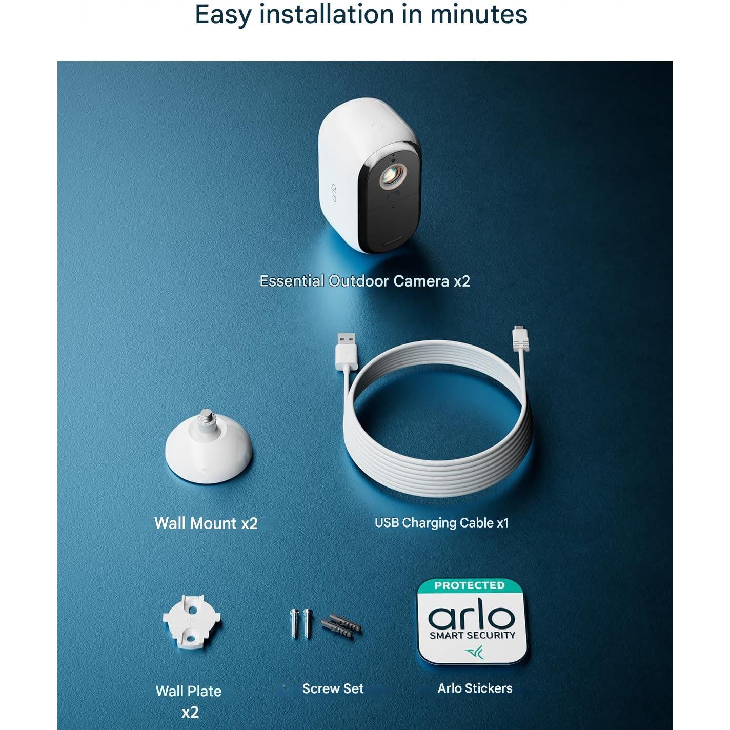 Camera de supraveghere Arlo Essential 3 HD cu baterie, set 2 bucati, WiFi, wireless, video 1080p, vedere nocturna color, lumina, senzor de miscare, alarma, audio bidirectional, Smart Home