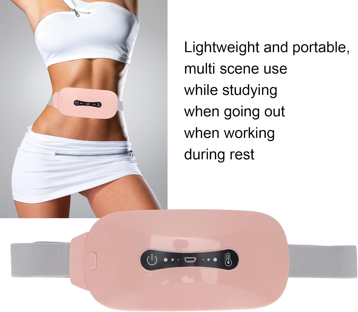 Centura abdominala pentru masaj cu incalzire si vibratii, 3 trepte incalzire si 3 vibromasaj, anti dureri menstruale, ciclu, lombare, portabila, roz