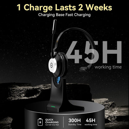 Casca Call Center Bluetooth 5.2 cu stativ de incarcare, microfon cu anulare zgomot rotativ 270°, dongle USB, buton mute, timp functionare 45h, pentru PC si smartphone, negru