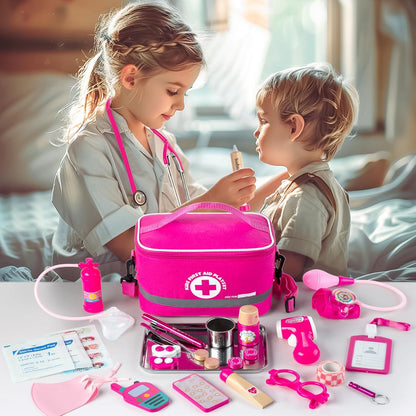 Joc de rol, set trusa de doctor pentru copii cu stetoscop functional, halat, termometru, ochelari, masca, tensiometru si accesorii, roz