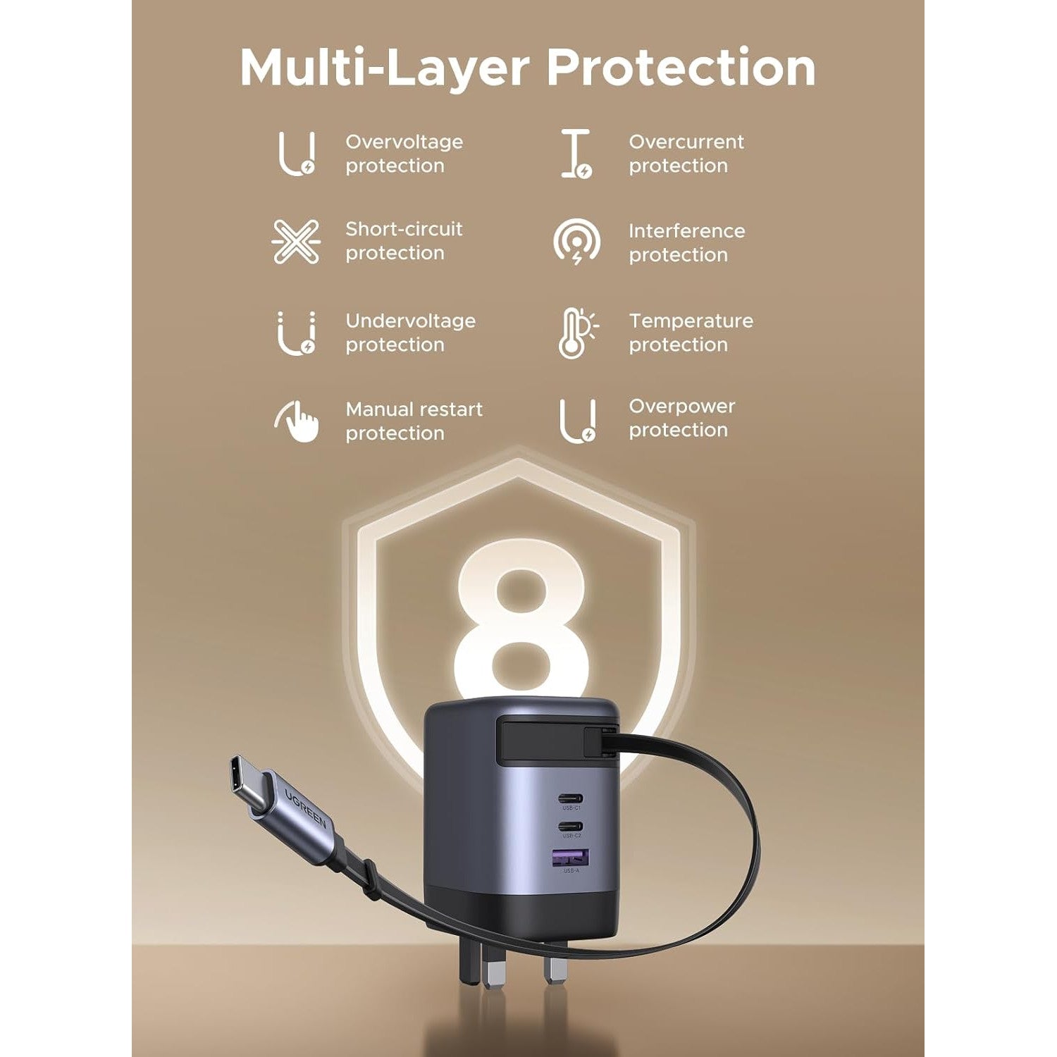 Incarcator retea 100 W PD GaN, cu cablu de incarcare USB-C retractabil, cu 2 porturi USB-C si 1 port USB-A, suporta fast-charge PD/QC/PPS, pentru laptop, tableta, smartphone