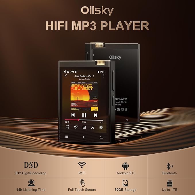 MP3 Player 80GB, Bluetooth V4.1, Wifi, ecran 2, 8 inch, sunet HiFi, Lossless DSD512, acumulator 1450 mAh, 15 ore de redare, memorie 16 GB si card 64 GB, suporta card pana la 1 TB, cu Android Spotify