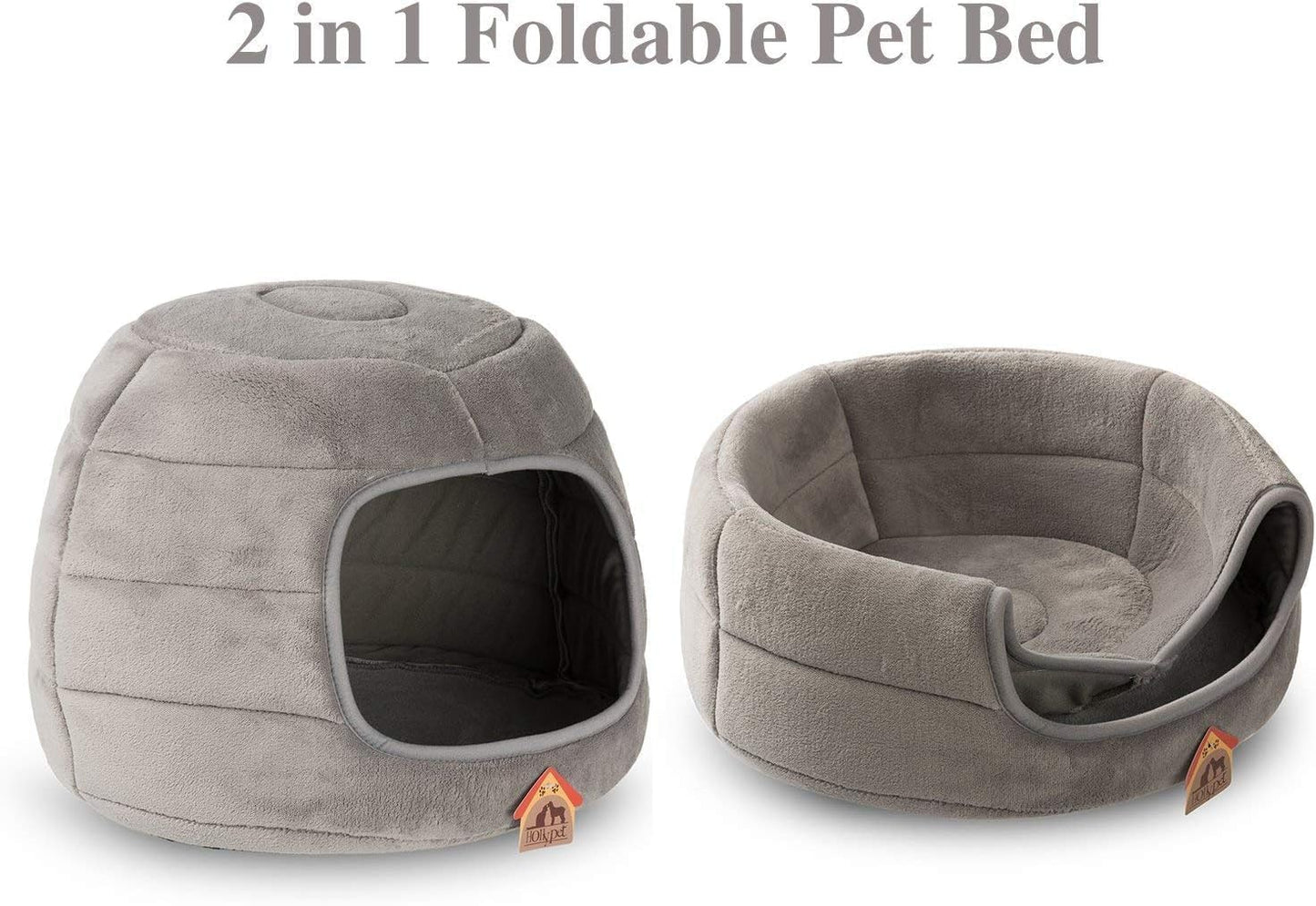 Patut caini si pisici 2 in 1, culcus pliabil pentru animale de companie mici, forma casuta si pat, din bumbac si tesatura de catifea, gri deschis, marimea S