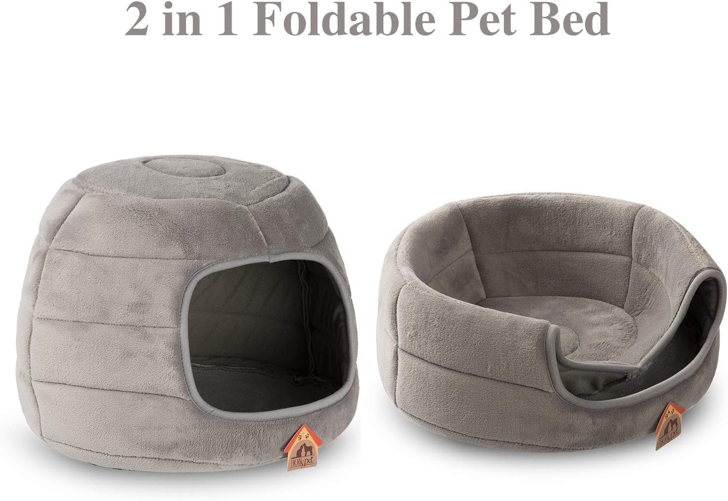 Patut caini si pisici 2 in 1, culcus pliabil pentru animale de companie mici, forma casuta si pat, din bumbac si tesatura de catifea, gri deschis, marimea S
