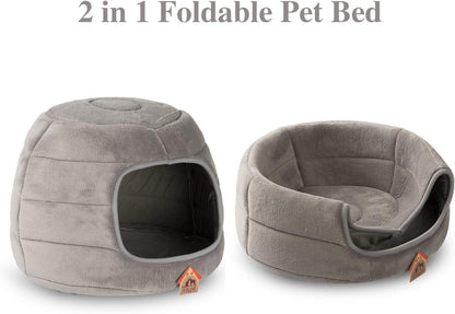 Patut caini si pisici 2 in 1, culcus pliabil pentru animale de companie mici, forma casuta si pat, din bumbac si tesatura de catifea, gri deschis, marimea S