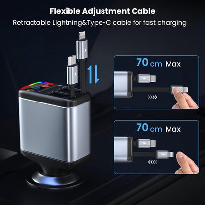 Incarcator auto 147 W PD&QC3.0, 12-24V, cu port USB-C si USB-A, cablu USB-C si iOS extensibil, incarcator rapid cu afisaj LED compatibil cu MacBook, smartphone, iPad, Switch