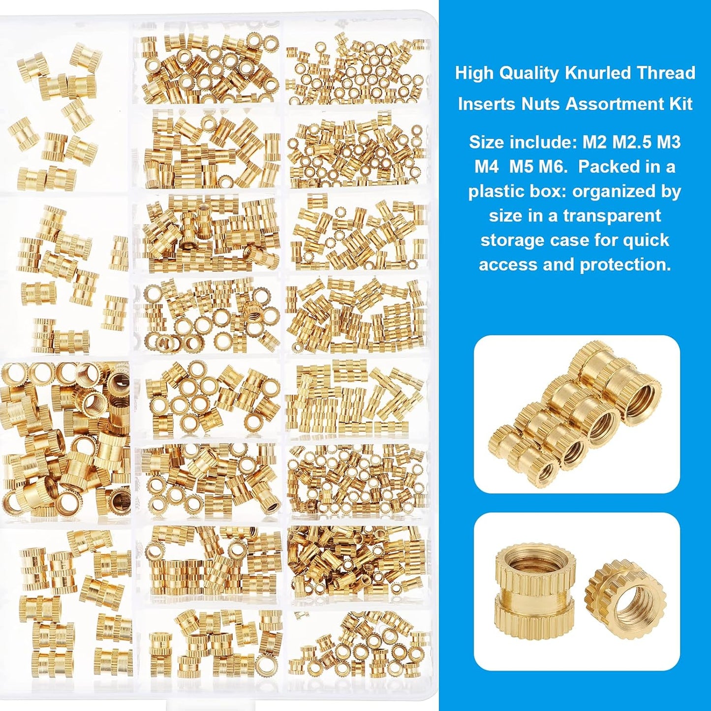 Set de 480 piulite moletate din alama cu insertii filetate M2 M2.5 M3 M4 M5 M6, 20 de dimensiuni, pentru imprimarea 3D a pieselor din plastic, in cutie depozitare