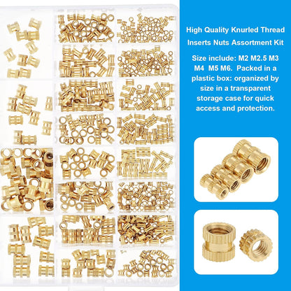 Set de 480 piulite moletate din alama cu insertii filetate M2 M2.5 M3 M4 M5 M6, 20 de dimensiuni, pentru imprimarea 3D a pieselor din plastic, in cutie depozitare
