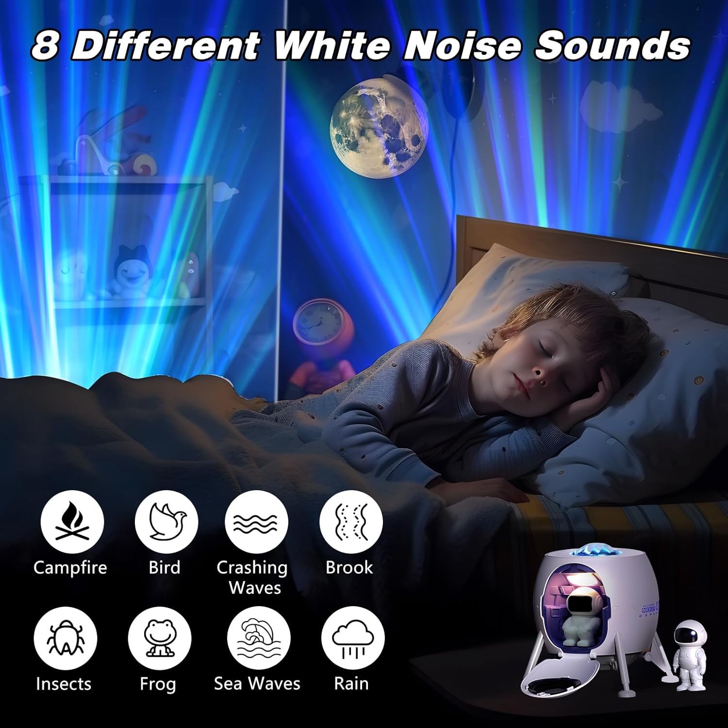 Proiector de stele astronaut cu functie lampa de veghe si difuzor Bluetooth, lumina de noapte cu sunete albe, telecomanda, temporizator, 5 niveluri luminozitate, multifunctional