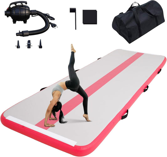 Saltea pentru antrenament gimnastica, gonflabila, 300 x 100 x 10 cm, din PVC, rezistent UV, cu pompa electrica si geanta de transport, roz