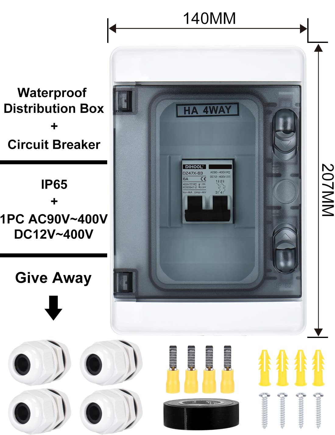 Siguranta solara automata 6A DC 12V-DC400V sau AC 90V-400V, 2 poli, pentru sistem fotovoltaic, intrerupator automat in cutie de sigurante impermeabila IP65