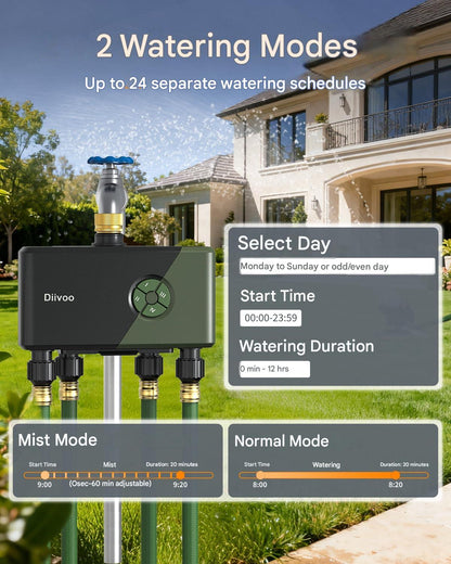 Programator irigatii inteligent, 4 zone independente, WiFi 2.4 GHz, control prin aplicatia HomGar, cu Gateway inclus, compatibil Alexa si Google Assistant, 24 programe de udare, intrare din alama, functie Rain Delay 24-72 h, mod ceata, udare manuala