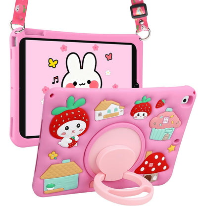 Husa Coolden pentru iPad 10.2 Gen 7/8/9 – Model cu capsuni, suport 360°, rezistenta la socuri, curea de umar, roz