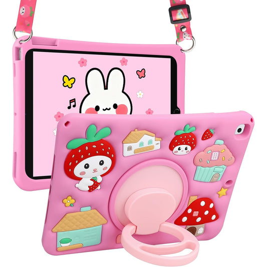 Husa Coolden pentru iPad 10.2 Gen 7/8/9 – Model cu capsuni, suport 360°, rezistenta la socuri, curea de umar, roz