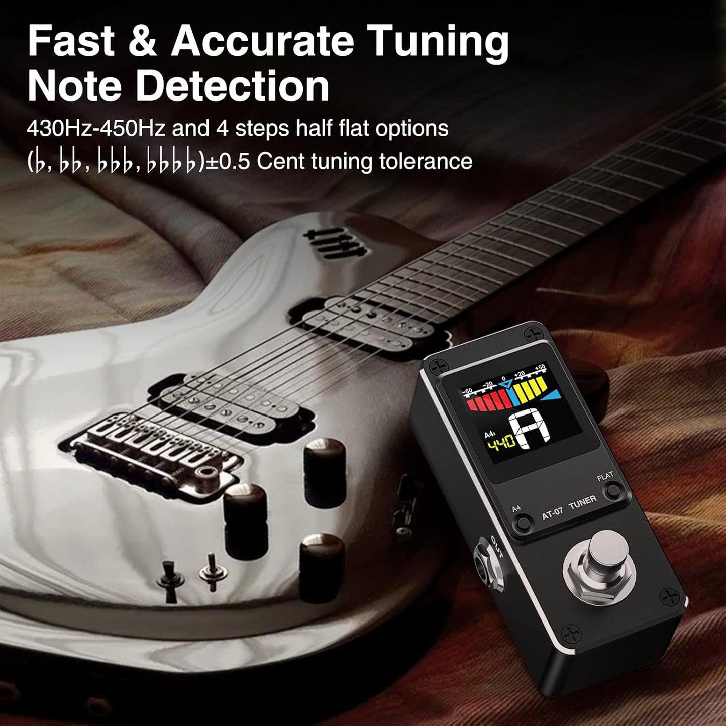 Acordor cromatic, pedala tuner pentru chitara electrica, bypass cu buton picior, ecran LCD, carcasa din aluminiu, fara zgomote la comutare, negru