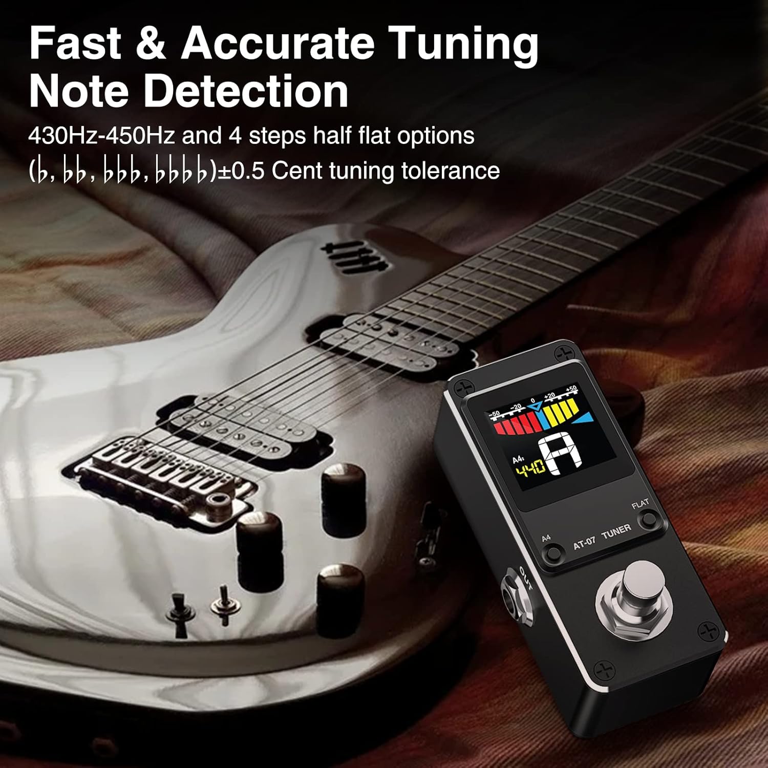 Acordor cromatic, pedala tuner pentru chitara electrica, bypass cu buton picior, ecran LCD, carcasa din aluminiu, fara zgomote la comutare, negru