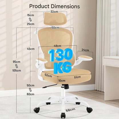 Scaun de birou ergonomic Coscendo, cu tetiera 3D reglabila si suport lombar ajustabil, inclinare 90°–120°, cotiere rabatabile 90°, reglabil pe inaltime, rotativ cu roti silentioase, sarcina maxima 130 kg, crem