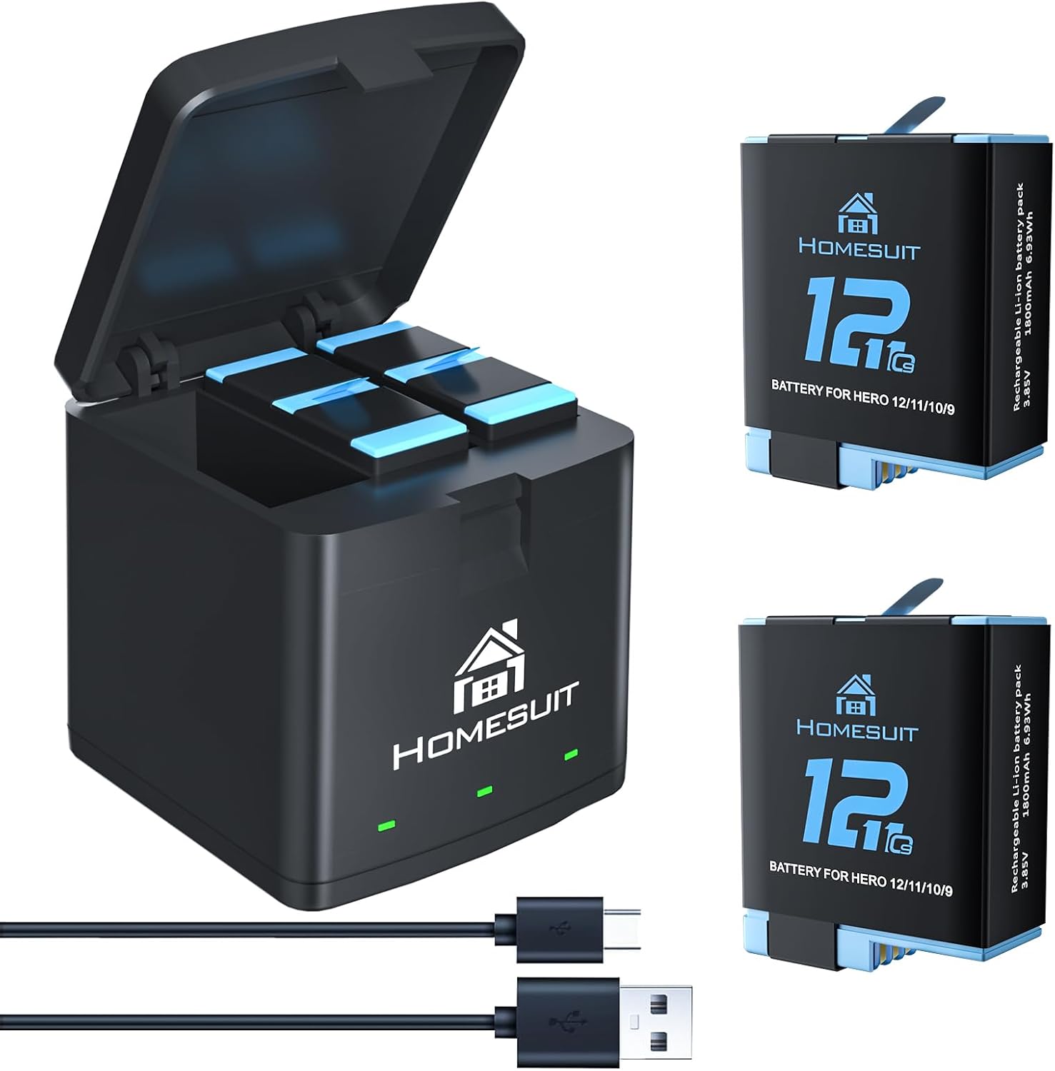 Set 2 acumulatori 1800 mAh si incarcator cu 3 canale, pentru Gopro Hero 12 Black, Hero 11 Black, Hero 10 Black, Hero 9 Black