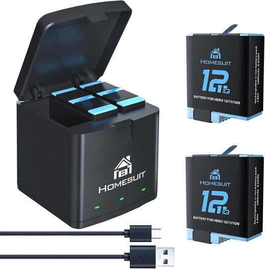Set 2 acumulatori 1800 mAh si incarcator cu 3 canale, pentru Gopro Hero 12 Black, Hero 11 Black, Hero 10 Black, Hero 9 Black