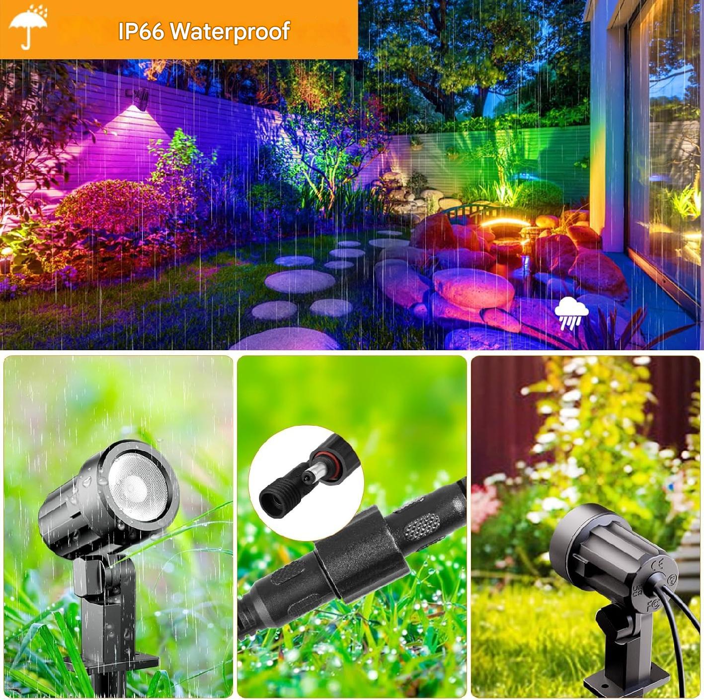 Set 6 lampi gradina cu panou solar, proiector cu LED RGB si telecomanda, acumulator 6000 mAh, impermeabila IP66, 12 moduri iluminare in 10 culori diferite, cu tarus si cablu de 20 metri lungime