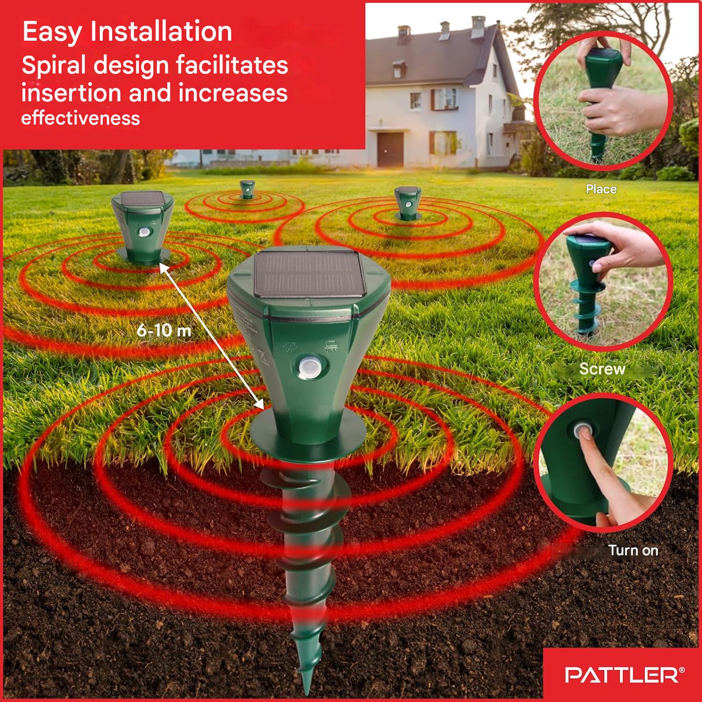 Set 4 dispozitive solare anti-cartite PATTLER, cu ultrasunete pentru gradina pana la 800 m², frecventa variabila, panou solar cu baterie reincarcabila si incarcare USB, instalare in sol tip surub, sigur pentru animale de companie
