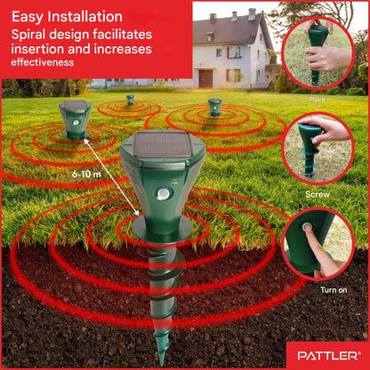 Set 4 dispozitive solare anti-cartite PATTLER, cu ultrasunete pentru gradina pana la 800 m², frecventa variabila, panou solar cu baterie reincarcabila si incarcare USB, instalare in sol tip surub, sigur pentru animale de companie