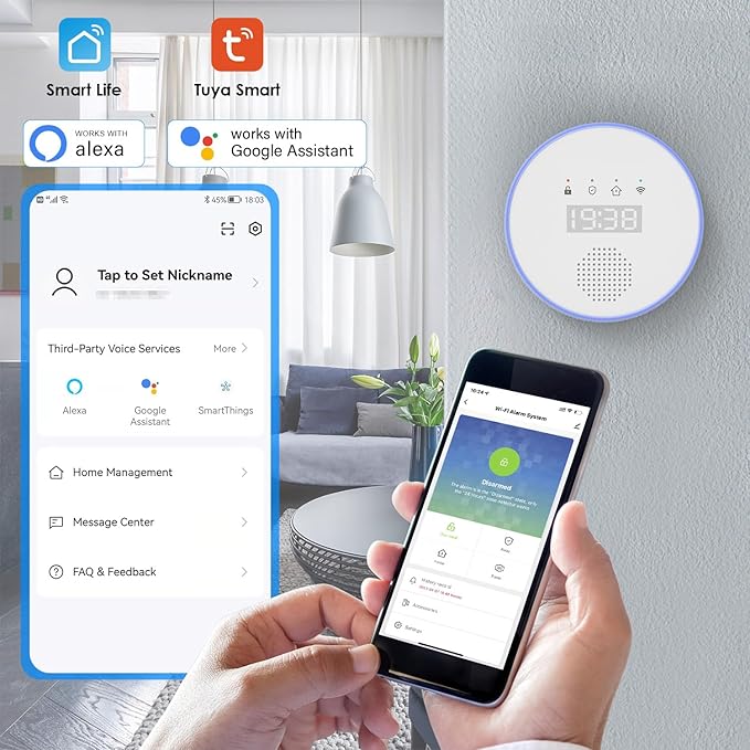 Sistem de alarma WiFi smart, 5/2,4 GHz, sirena 120 dB, 6 senzori pentru usi si ferestre, 2 telecomenzi, control prin aplicatie, compatibil cu Alexa si Google Home, pentru casa, garaj, birou