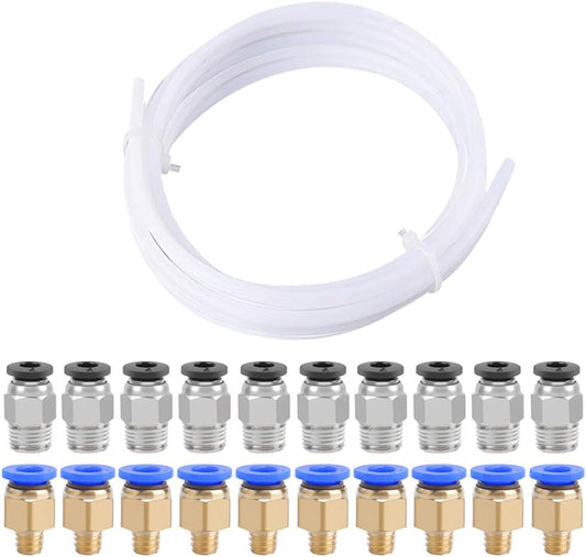 Set tub teflon de 5 m pentru imprimanta 3D cu 10 conectori pneumatici PC4-M6 si 10 conectori PC4-M10, furtun PTFE pentru imprimate cu filament 1.75 mm