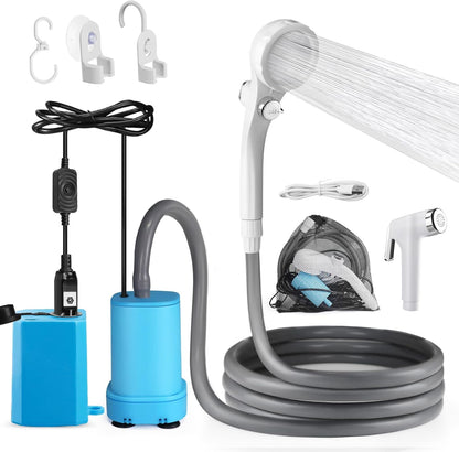 Dus portabil pentru camping 12-24 V, cu pompa electrica si acumulator reincarcabil de 4500 mAh, debit 0-8L/min reglabil, impermeabil, pentru drumetii, pescuit, spalat auto, animale, albastru