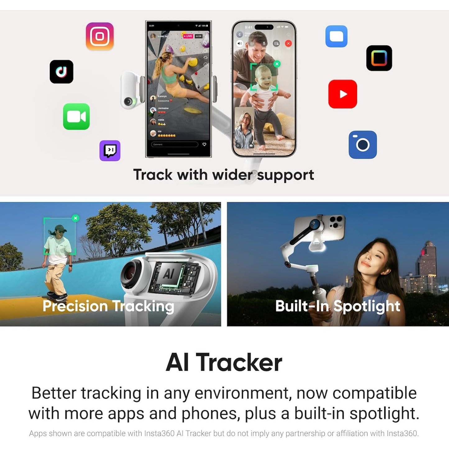 Stabilizator de imagine Insta360 Flow 2 Plus AI Tracker, sistem stabilizare telefon cu urmarie AI, trepied si selfie stick incorporat, pentru iPhone/Android