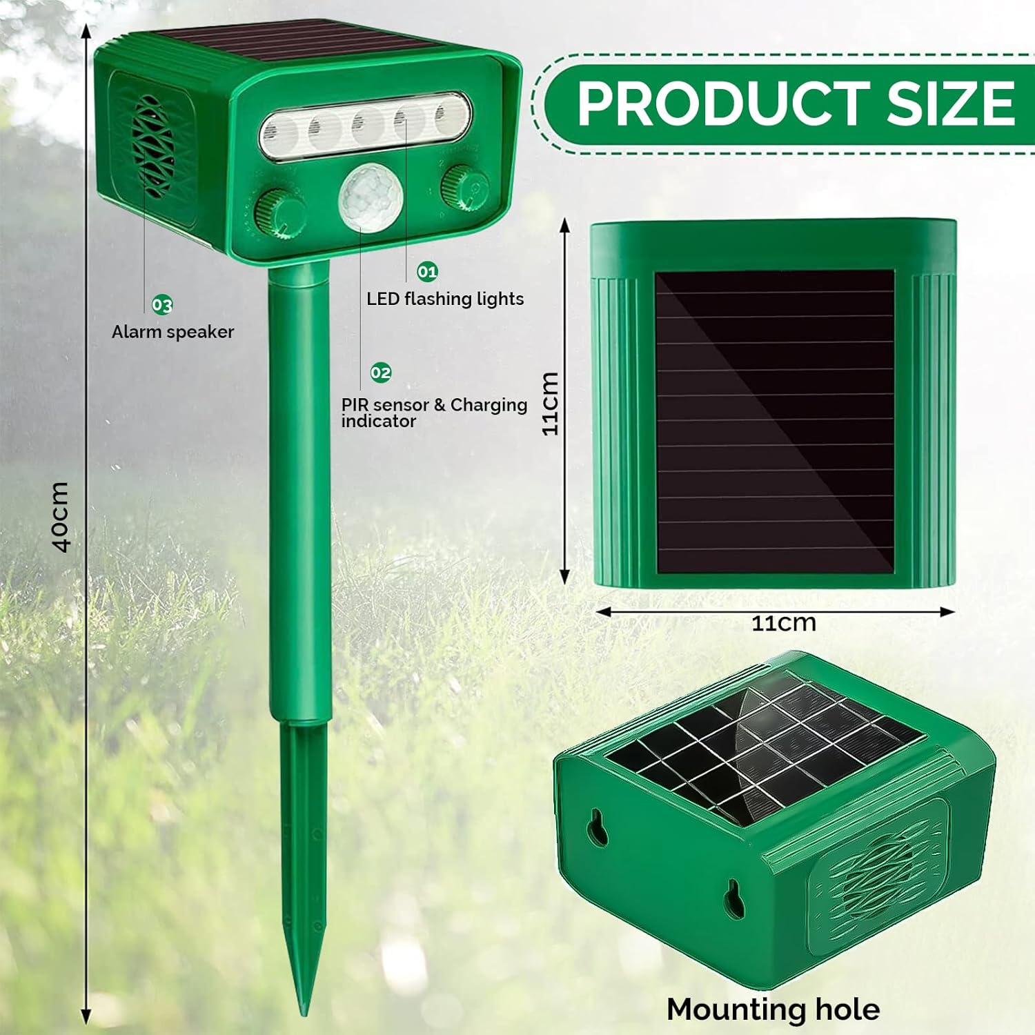 Dispozitiv cu ultrasunete anti-daunatori, cu panou solar, lumini LED, 5 moduri ajustabile, impotriva animalelor salbatice, anti rozatoare, caini, pisici, incarcare solara si USB, impermeabil IP65, verde