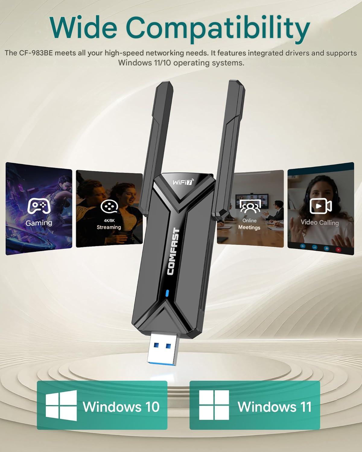 Stick WLAN USB COMFAST CF-983BE-1 WiFi 7, adaptor Wireless BE6500, viteza pana la 6500 Mbps, Tri-Band 2.4GHz/5GHz/6GHz, interfata USB, compatibil Windows 10/11, pentru Laptop si Desktop PC, negru