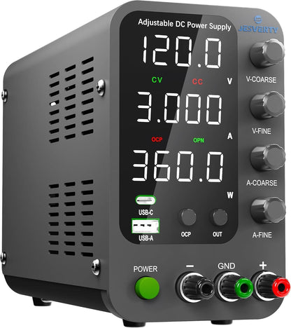 Sursa de alimentare de laborator 120 V, 3 A, cu reglaj fin si grosier, USB-C si USB-A 20 W, protectie supracurent OCP, ventilator de racire, intrare AC115V/230V, Jesverty