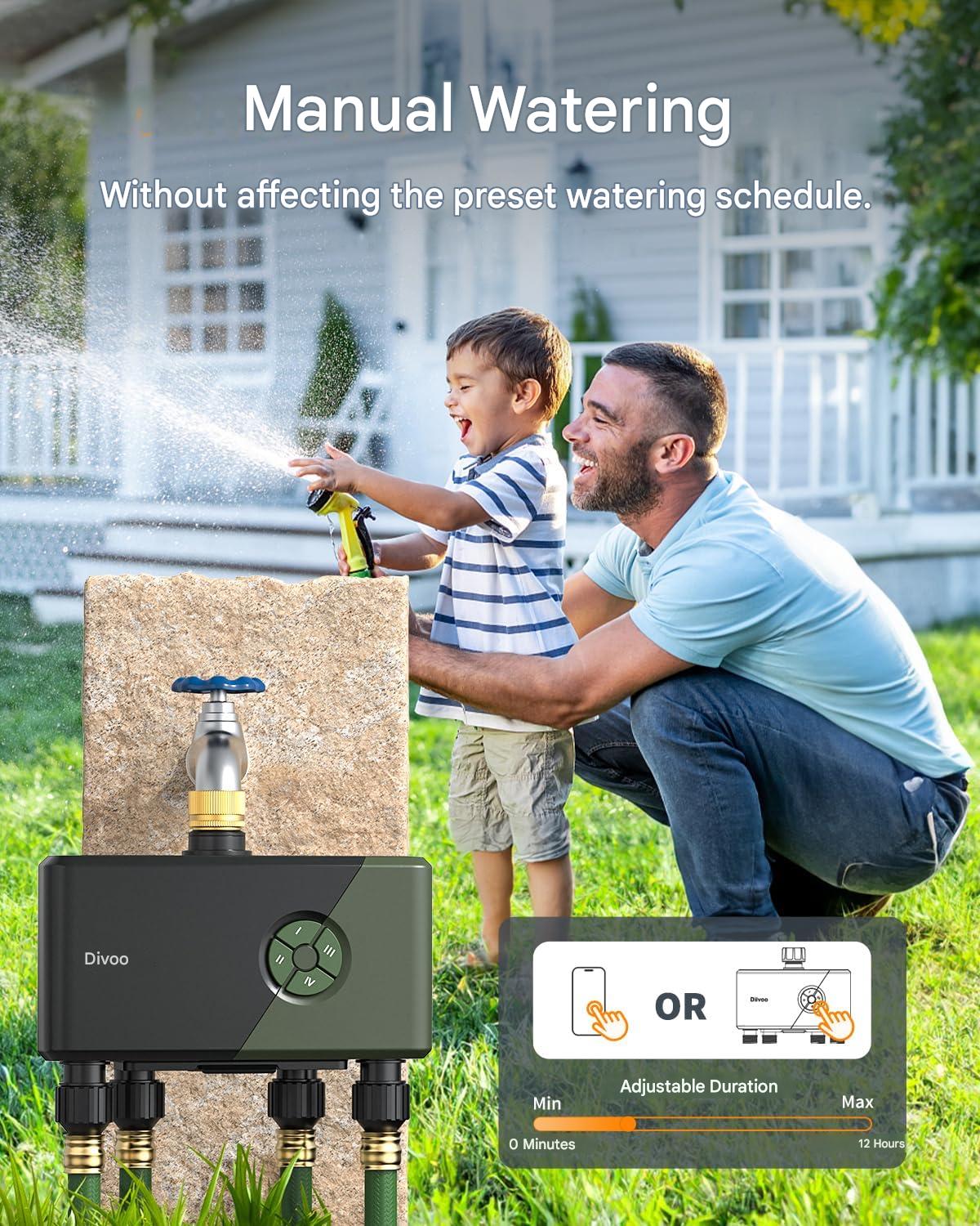 Programator irigatii inteligent, 4 zone independente, WiFi 2.4 GHz, control prin aplicatia HomGar, cu Gateway inclus, compatibil Alexa si Google Assistant, 24 programe de udare, intrare din alama, functie Rain Delay 24-72 h, mod ceata, udare manuala