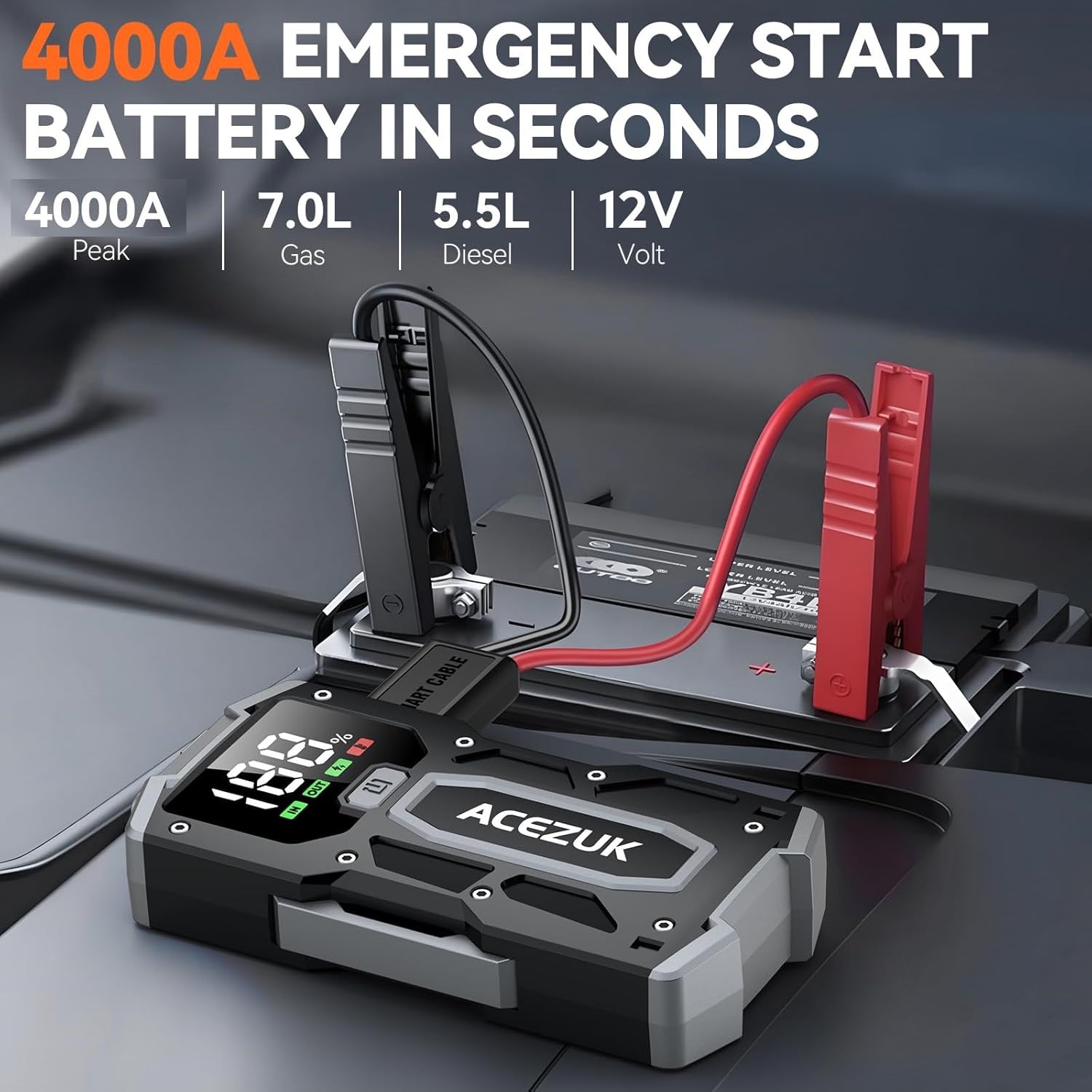 Starter auto portabil, jump starter 4000 A, robot de pornire cu functie powerbank, 12800 mAh, lanterna LED, ecran LCD, pana la 7 litri benzina si 5.5 litri diesel 12V, multifunctional