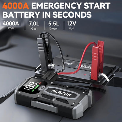 Starter auto portabil, jump starter 4000 A, robot de pornire cu functie powerbank, 12800 mAh, lanterna LED, ecran LCD, pana la 7 litri benzina si 5.5 litri diesel 12V, multifunctional