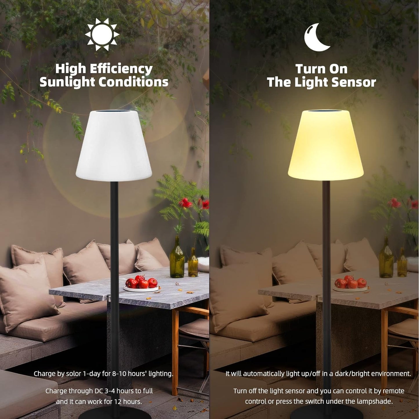 Lampa de podea solara LED RGB, inaltime reglabila, impermeabila IP44, cu telecomanda, incarcare duala USB si panou solar, cu baza metalica, pentru interior/exterior