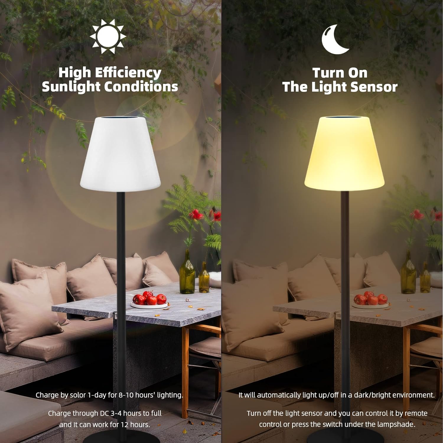 Lampa de podea solara LED RGB, inaltime reglabila, impermeabila IP44, cu telecomanda, incarcare duala USB si panou solar, cu baza metalica, pentru interior/exterior