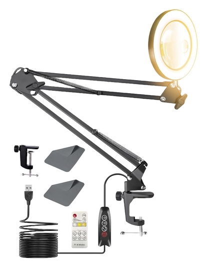 Lampa cosmetica LED cu lupa 10X-15X, lumina reglabila in 3 culori alb cald/rece, dimabila, cu telecomanda, brat reglabil cu prindere tip menghina, pentru machiaj, manichiura, tatuaje