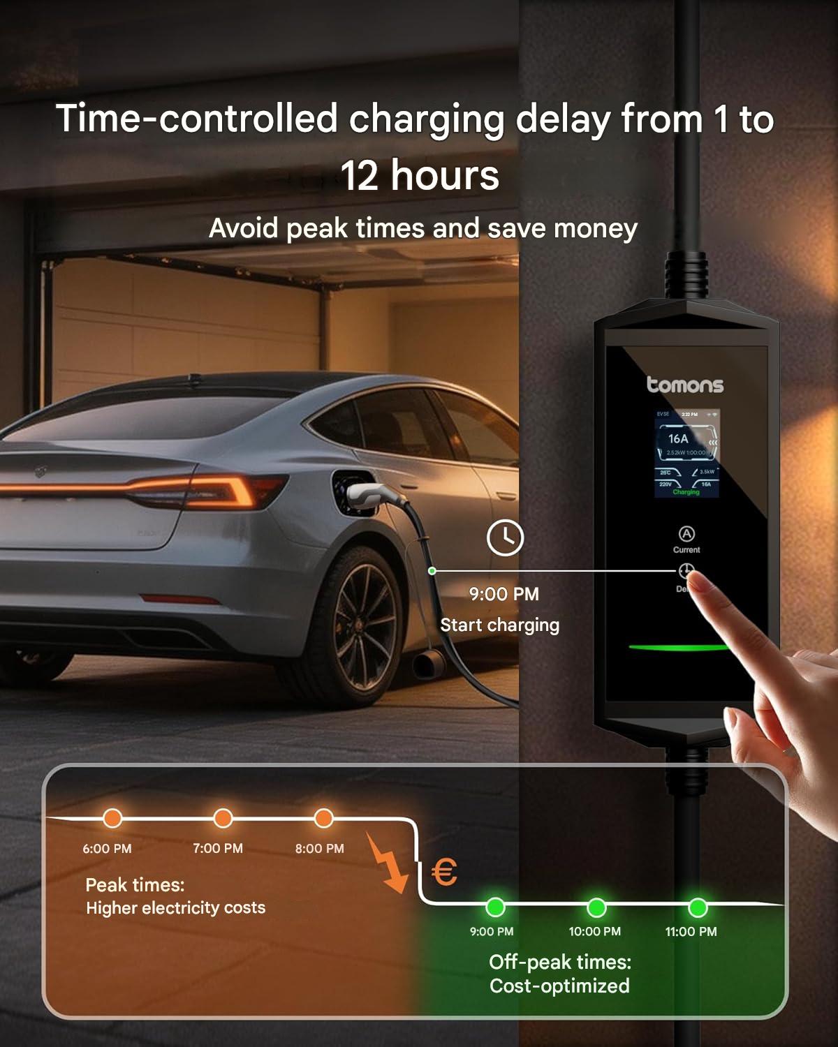 Statie de incarcare portabila EV Tomons 22kW, Wallbox mobil Type 2, cablu 7m, priza CEE trifazata 6-32A 400V, control prin aplicatie Bluetooth, ecran LCD 2.4”, IP65, putere si timp de incarcare reglabile, compatibil Tesla Model 3/Y, VW ID.3/4/5/7