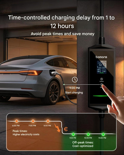 Statie de incarcare portabila EV Tomons 22kW, Wallbox mobil Type 2, cablu 7m, priza CEE trifazata 6-32A 400V, control prin aplicatie Bluetooth, ecran LCD 2.4”, IP65, putere si timp de incarcare reglabile, compatibil Tesla Model 3/Y, VW ID.3/4/5/7