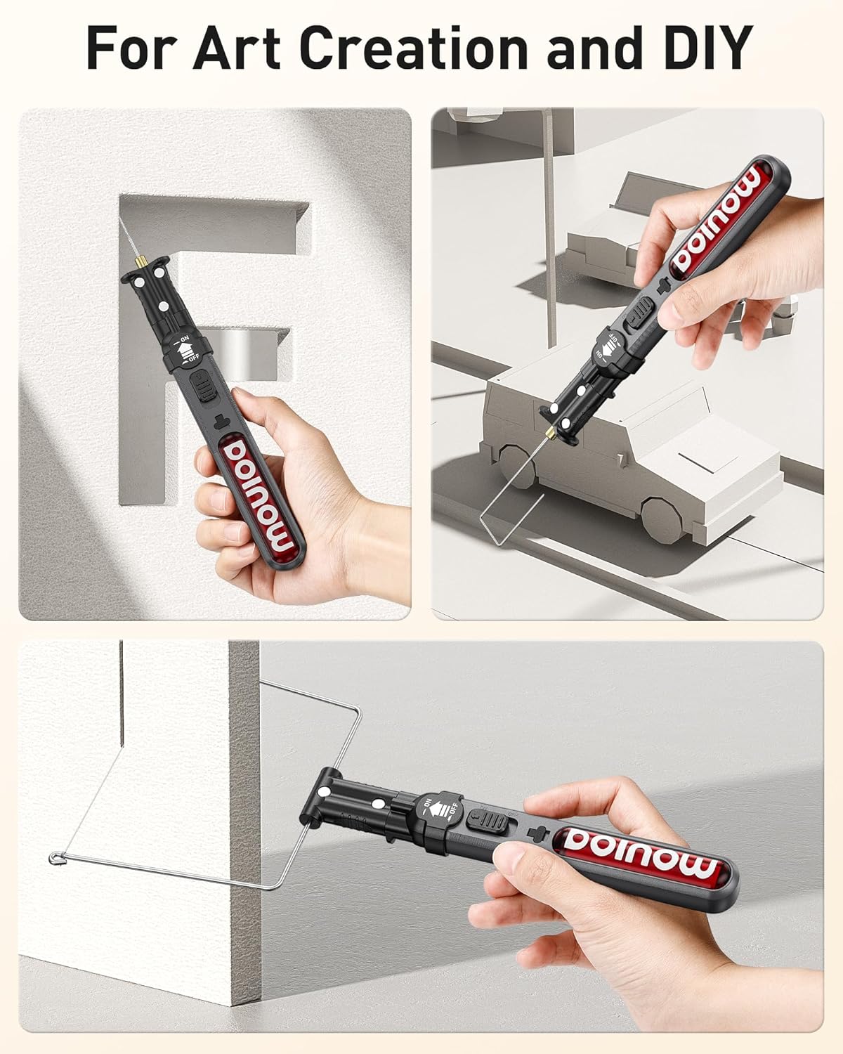 Aparat de taiat polistiren wireless, cutter cu fir cald, lumina LED, reincarcabil, 3 capete diferite, 550°C, acumulator 2000 mAh, pentru taiat si gravat polistiren, spuma, placi KT, EVA, EPP