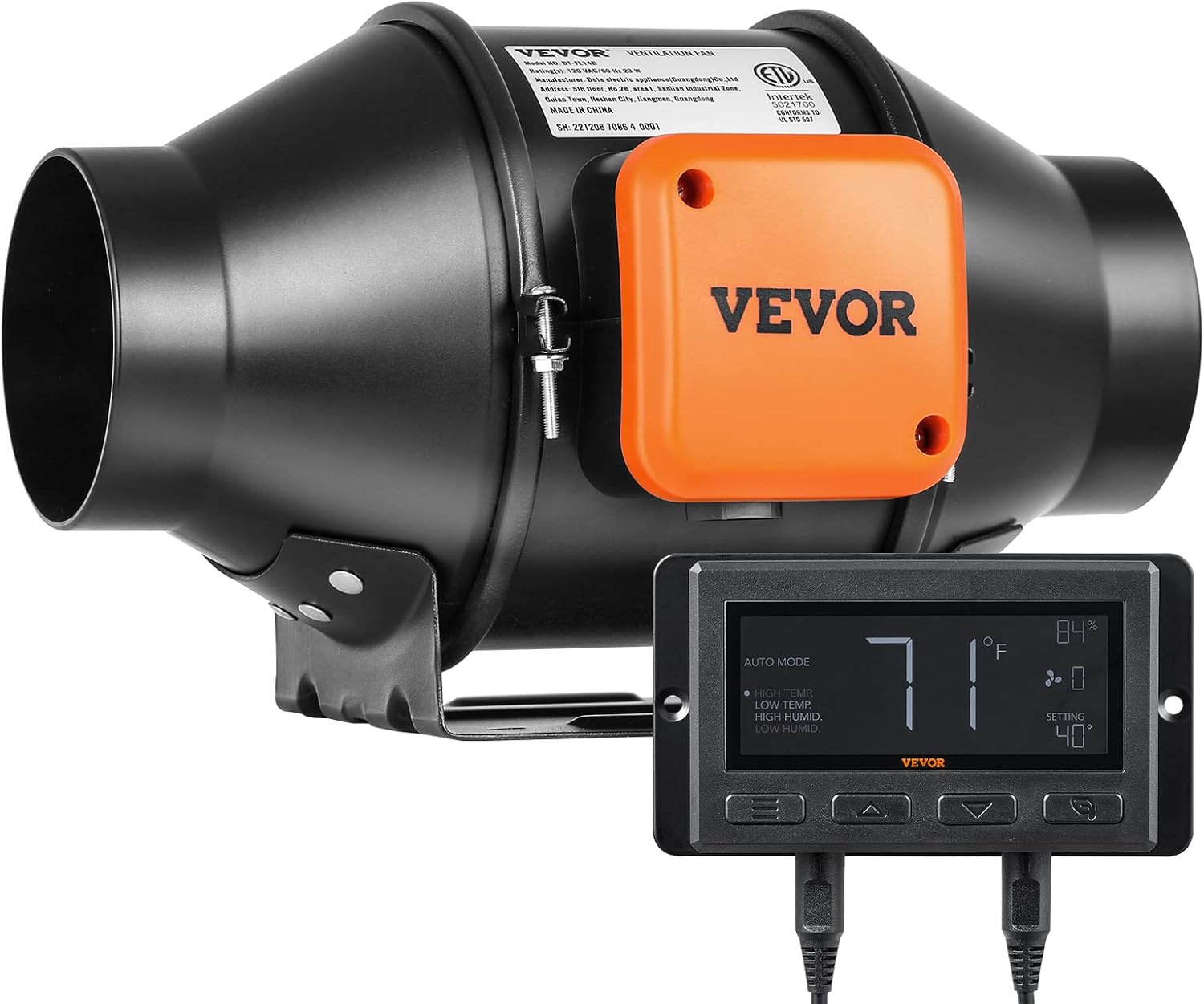 Ventilator de tubulatura pentru evacuare aer, cu controler de temperatura si umiditate, 205 CFM, 21 W, motor EC, 220m³/h, pentru racire, corturi de crestere, hidroponie, Vevor