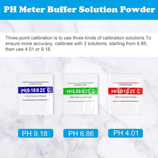 Set solutii calibrare pentru pH-metru, precizie de ±0, 01 unitati de pH la 25°C, stabil, 18 plicuri x pH 4, 01, 6, 86 si 9, 18, pentru testarea apei din piscina, testarea hidroculturii pentru acvarii
