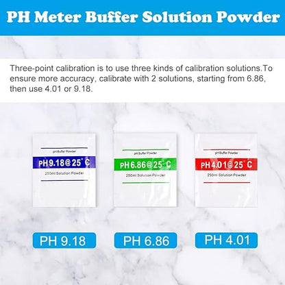 Set solutii calibrare pentru pH-metru, precizie de ±0, 01 unitati de pH la 25°C, stabil, 18 plicuri x pH 4, 01, 6, 86 si 9, 18, pentru testarea apei din piscina, testarea hidroculturii pentru acvarii